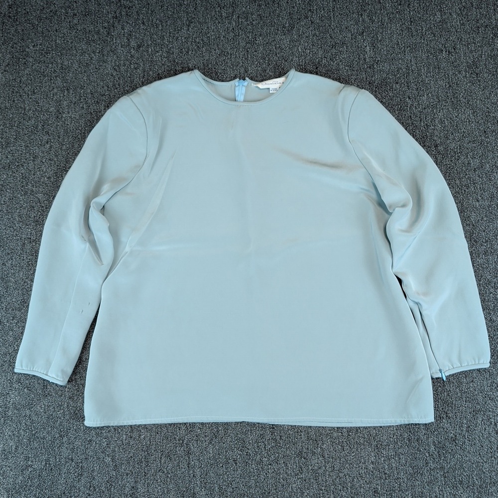 Oscar de la Renta Vintage Minimalist Blouse Women L Blue Zip Cuff Office Chic